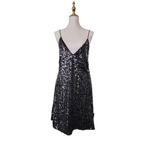 Lulus Sequin Slip Dress Black Strappy Back V-Neck Party Cocktail Dress XL NWT